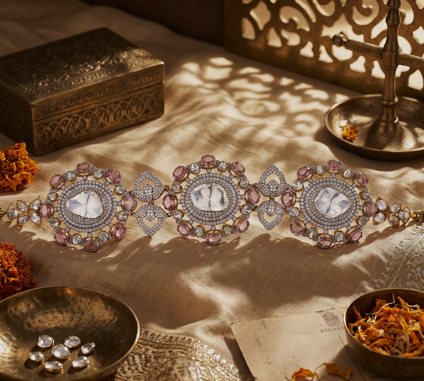Kala Johare Rosette Polki Diamond Choker – Luxury Gold Bridal Necklace with Pink Tourmalines | Rajasthan Wedding Jewellery