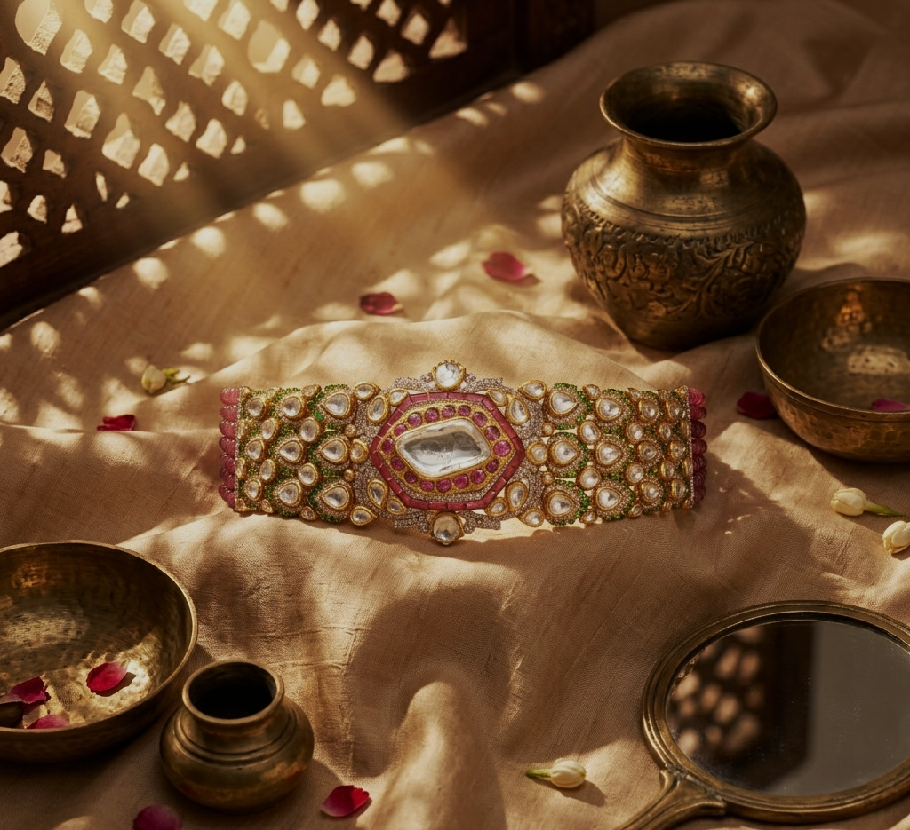 Luxury Gold Polki Choker with Uncut Diamonds & Ruby Beads – Royal Bridal Jewellery | Kala Johare Rajasthan