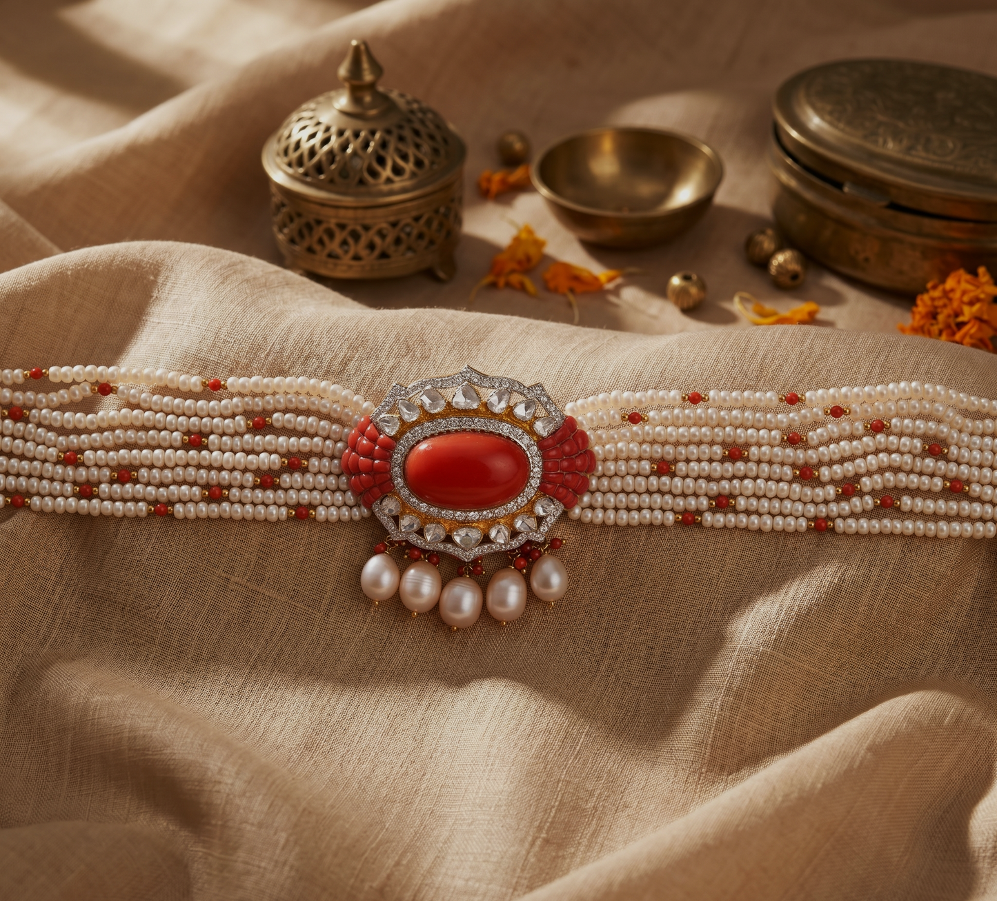 Royal Pearl Choker Necklace with Red Stone Pendant – Luxury Polki Bridal Jewellery | Kala Johare Rajasthan