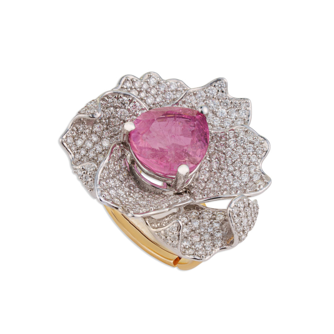 Kamal Pink Tourmaline Full Pave Diamond Lotus Ring | Natural Tourmaline & Diamond Ring | Kala Johare