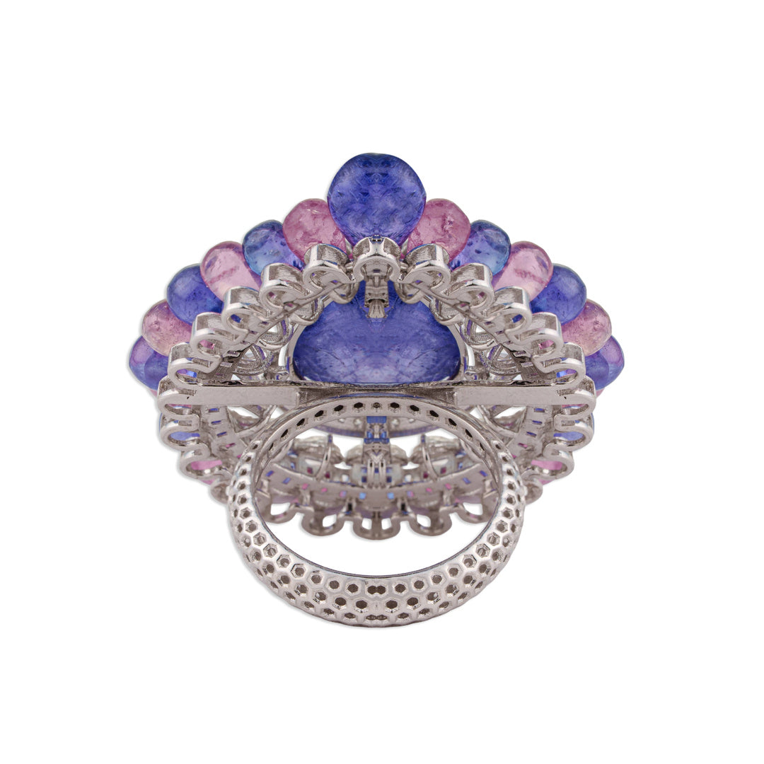 Neela Grand Tanzanite Briolette Bead Halo Ring | Natural Tanzanite, Tourmaline & Diamond | Kala Johare