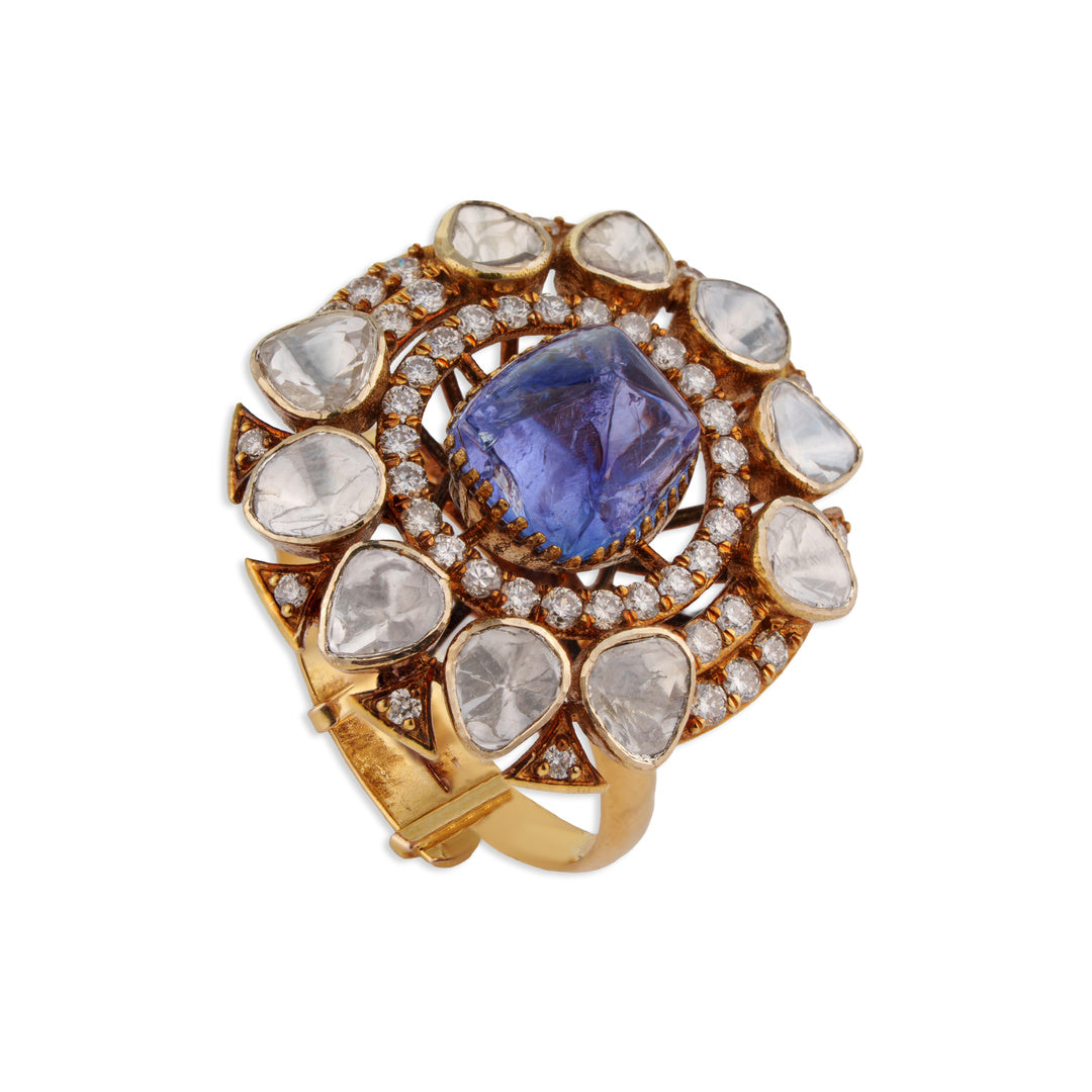 Neelkanth Grand Blue Tanzanite Polki Diamond Cocktail Ring | Natural Polki & Diamond Ring in Rose Gold | Kala Johare
