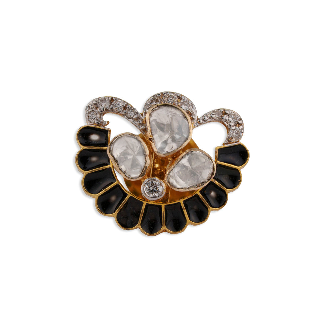 Shyama Multi-Polki Black Enamel Diamond Paisley Cocktail Ring | Natural Polki & Meenakari Ring in Yellow Gold | Kala Johare