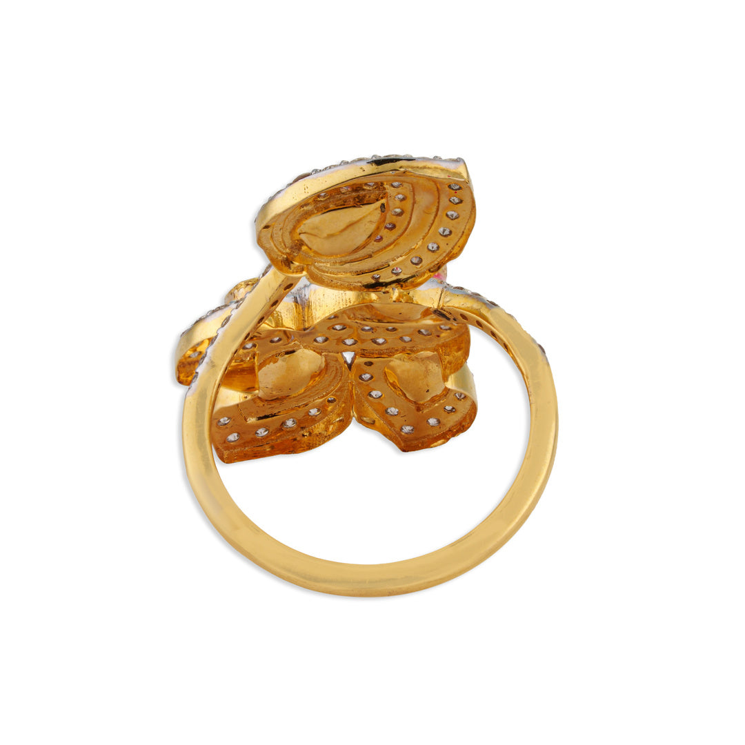 Pankh Grand Polki Kundan Pink Meenakari Multi-Petal Leaf Cluster Cocktail Ring | Natural Polki & Diamond Ring in Two-Tone Gold | Kala Johare