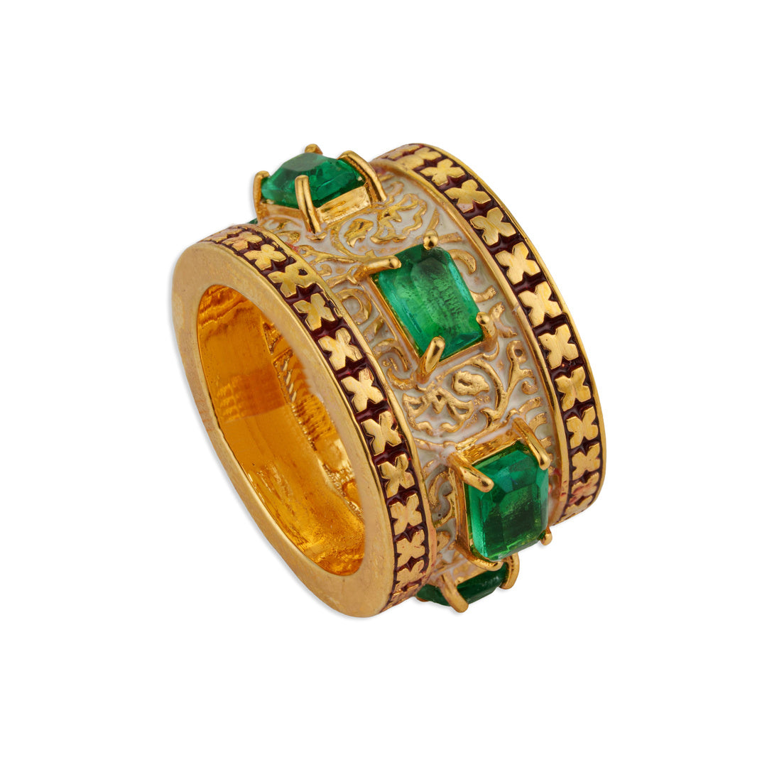 Zumurrud Triple Emerald White Enamel Mughal Scroll Wide Band Ring | Natural Emerald & Meenakari Yellow Gold Ring | Kala Johare