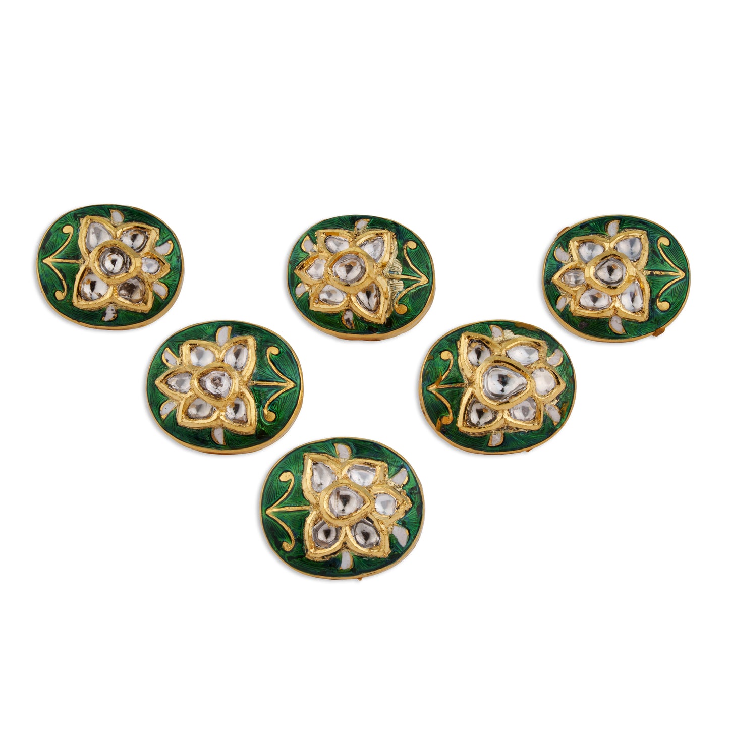 Hariyali Polki Kundan Green Meenakari Round Lotus Button Set | Natural Polki Diamond Bridal Buttons in 22K Gold | Kala Johare