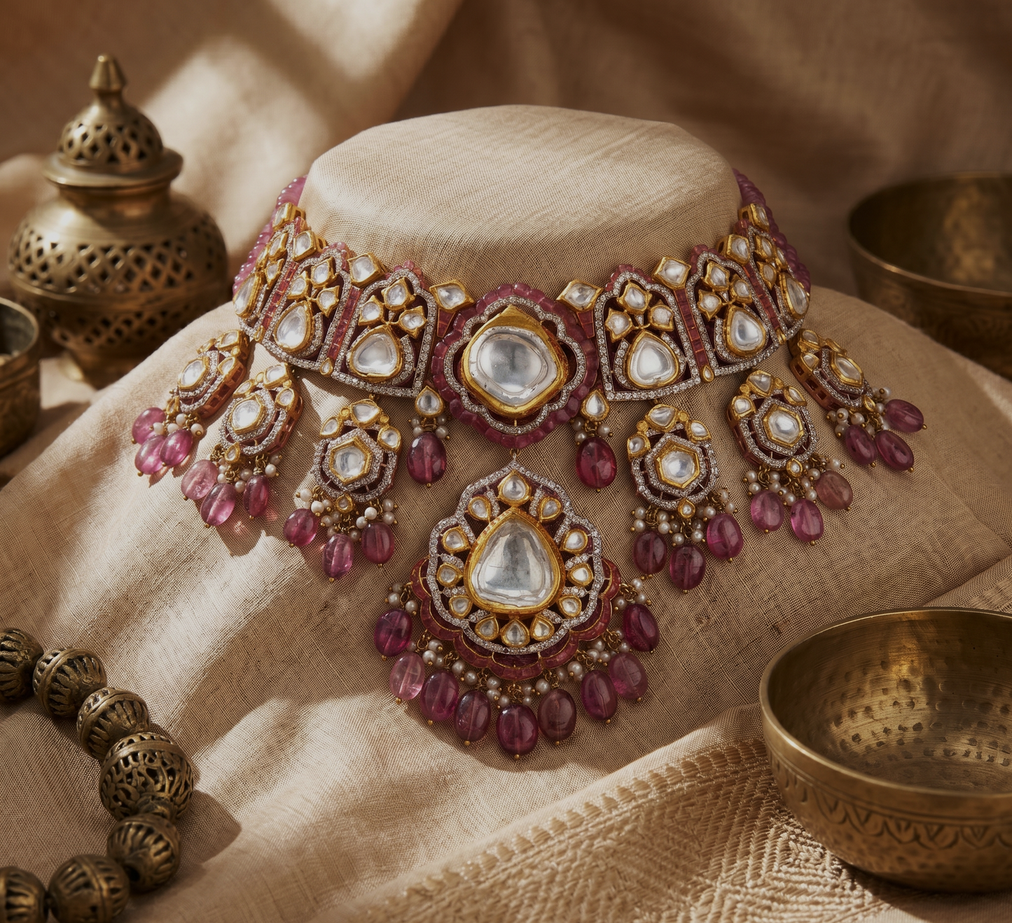 Taabir Polki Choker – Jaipur Polki & Diamond Bridal Collar | Pearl Choker Necklace