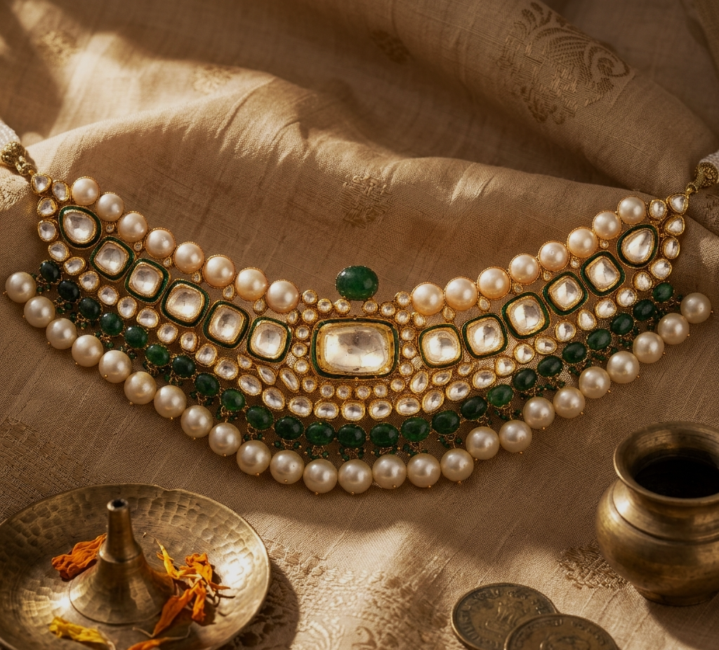 Traditional Kundan Pearl Choker Necklace with Emerald Green Accents – Luxury Bridal Wedding Jewellery | Kala Johare Rajasthan