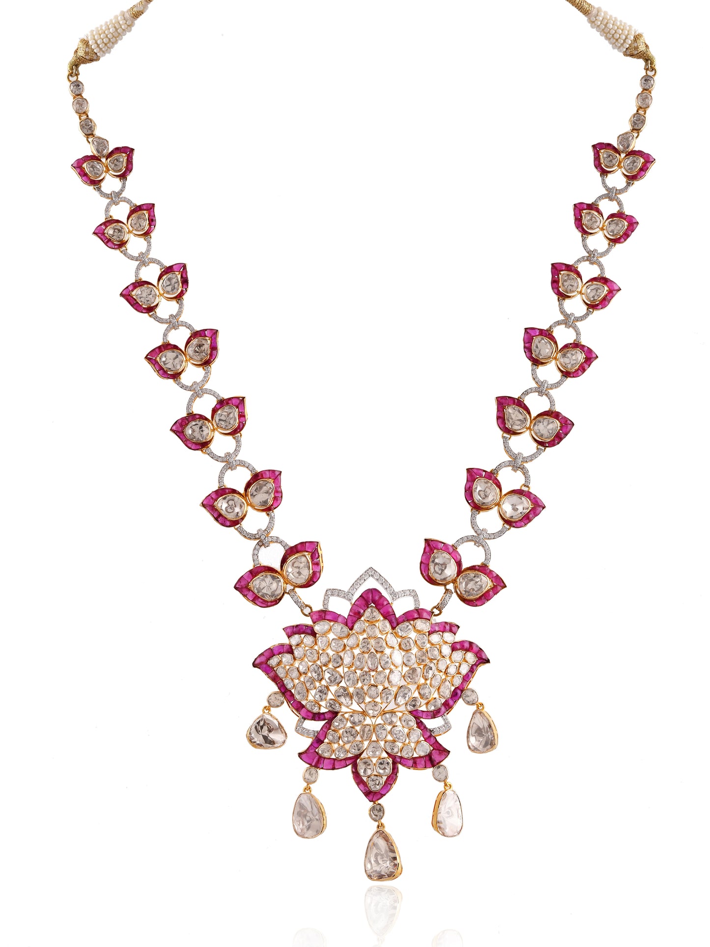 Ornate necklace with pink and white gemstones on a white background