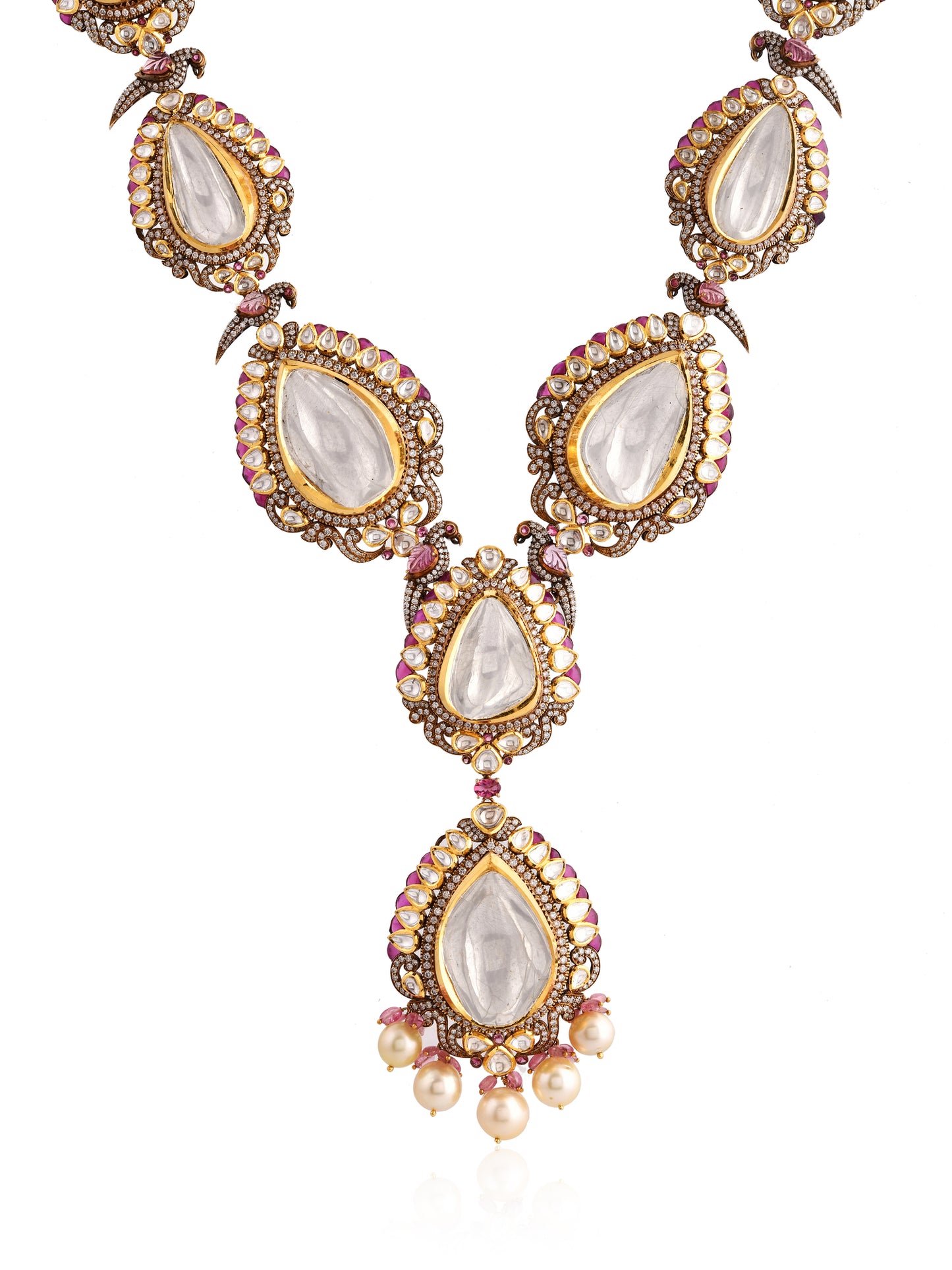 Ornate necklace with gemstones and pearls on a white background