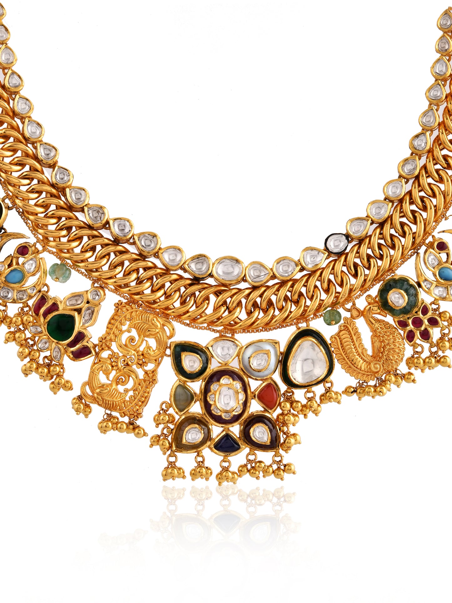 Navrang Grand Polki Navratna Curb Chain Necklace | Natural Polki & Multi-Gemstone Bridal Necklace in Yellow Gold | Kala Johare