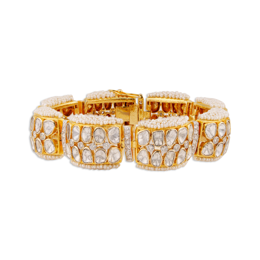 22KT Gold Plated Polki Diamond Bracelet with Pearls – Luxury Handcrafted Bridal Jewellery | Kala Johare Rajasthan