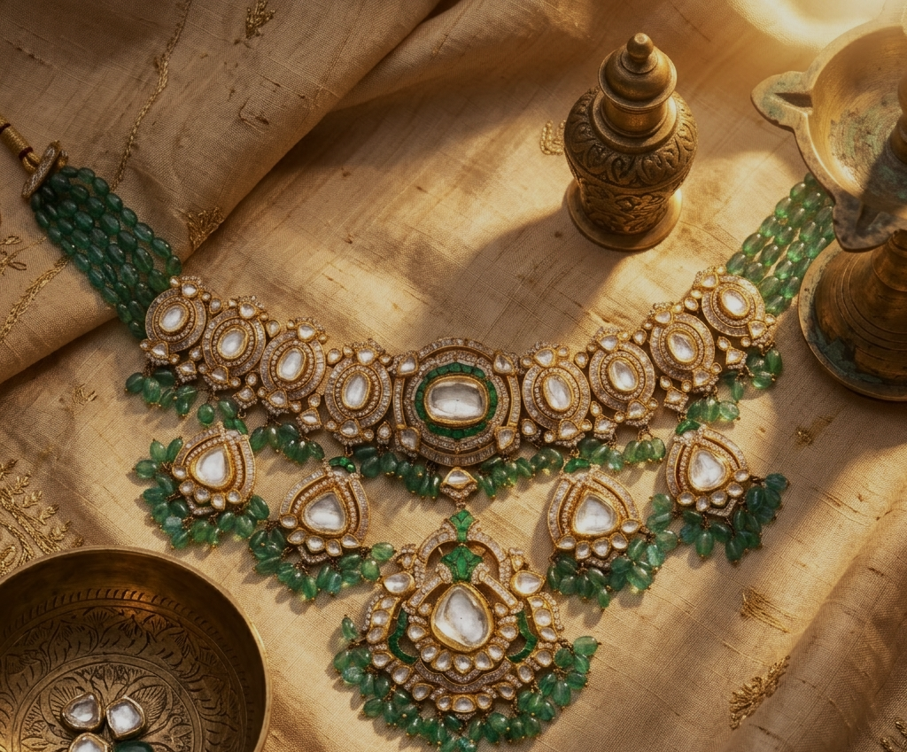 Anvitha Enamel Polki Bridal Choker – 14K Gold Diamond  | Jaipur Rajasthan Heritage Design