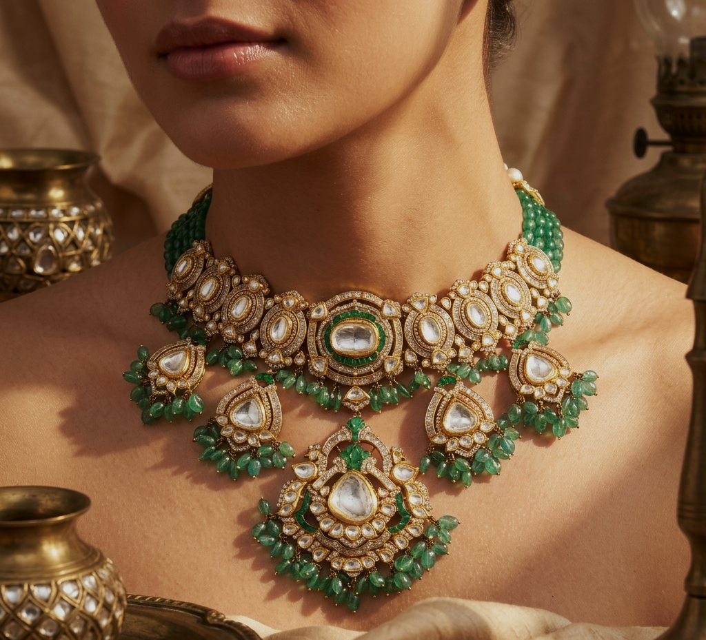Anvitha Enamel Polki Bridal Choker – 14K Gold Diamond  | Jaipur Rajasthan Heritage Design