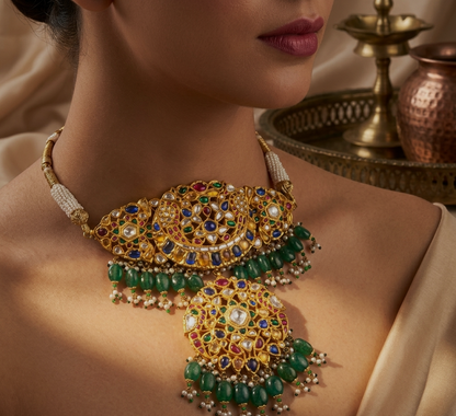 Brahana Gold Polki Choker – Jaipur Kundan Polki Choker | Pearl Choker