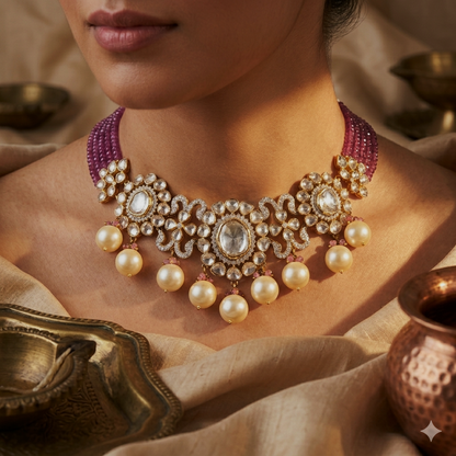Bridal Polki Diamond Choker Necklace with Pink Gemstones – Luxury Wedding Statement Jewellery | Kala Johare Rajasthan