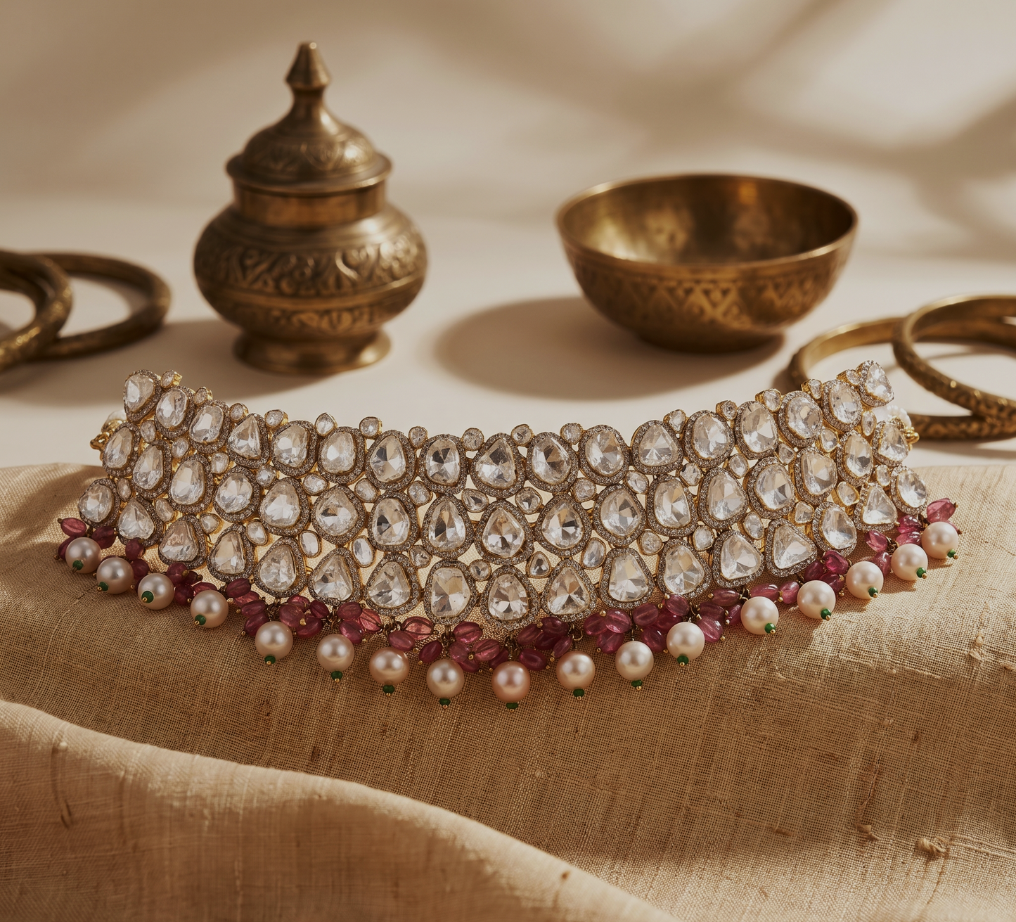 Crimson Majesty Diamond Choker Set – Natural Polki Diamond, Ruby & Pearl Bridal Necklace | Luxury Royal Jewellery