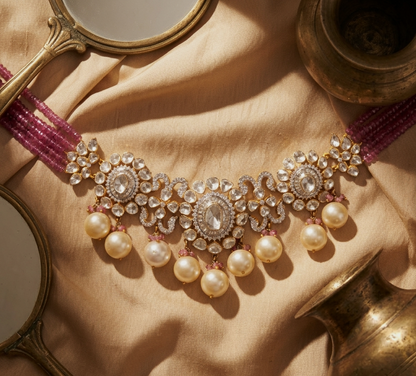Bridal Polki Diamond Choker Necklace with Pink Gemstones – Luxury Wedding Statement Jewellery | Kala Johare Rajasthan