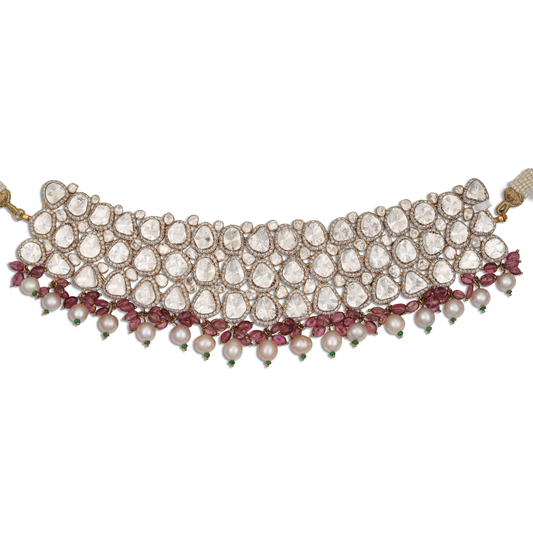 Crimson Majesty Diamond Choker Set – Natural Polki Diamond, Ruby & Pearl Bridal Necklace | Luxury Royal Jewellery