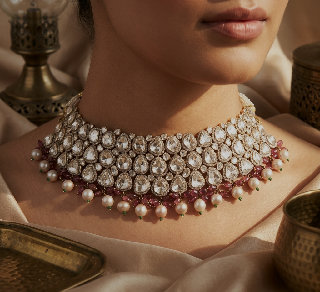 Crimson Majesty Diamond Choker Set – Natural Polki Diamond, Ruby & Pearl Bridal Necklace | Luxury Royal Jewellery