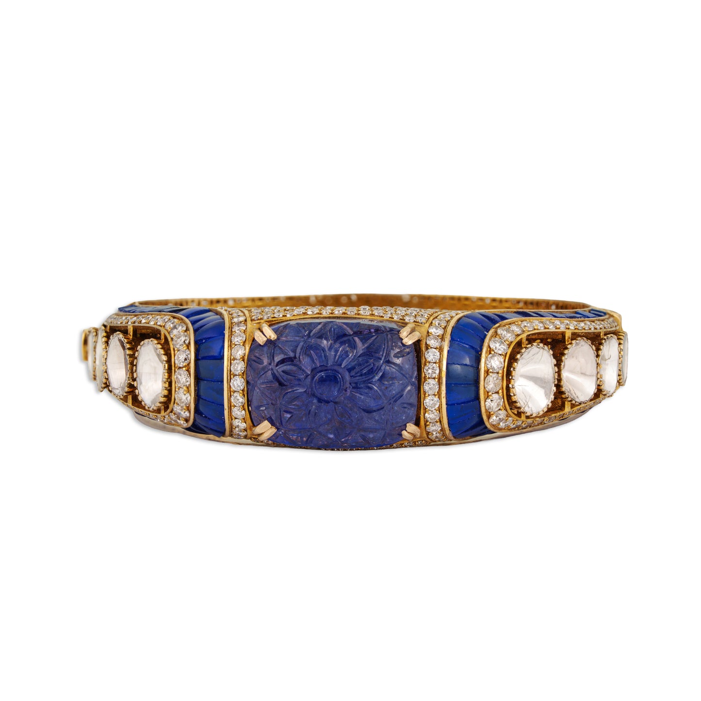 Diva Polki Kada – 14K Gold Curved Filigree Bracelet with Tanzanite & Diamond | Modern Vintage Party Jewellery