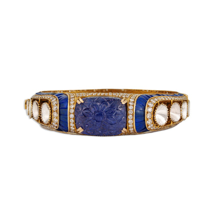Diva Polki Kada – 14K Gold Curved Filigree Bracelet with Tanzanite & Diamond | Modern Vintage Party Jewellery