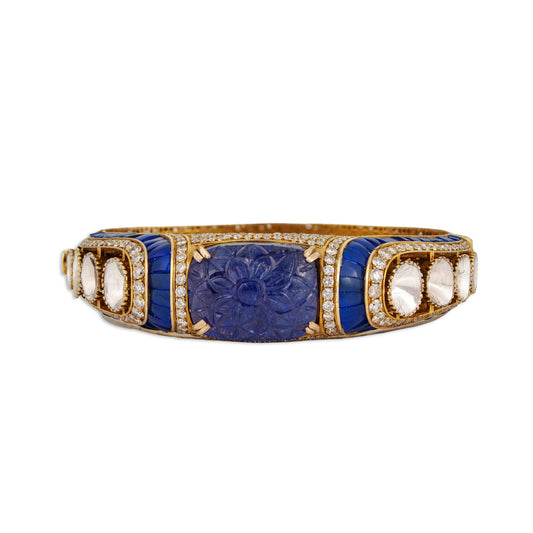 Diva Polki Kada – 14K Gold Curved Filigree Bracelet with Tanzanite & Diamond | Modern Vintage Party Jewellery