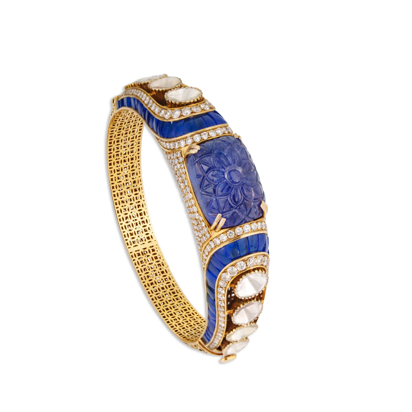 Diva Polki Kada – 14K Gold Curved Filigree Bracelet with Tanzanite & Diamond | Modern Vintage Party Jewellery