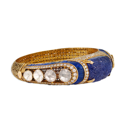 Diva Polki Kada – 14K Gold Curved Filigree Bracelet with Tanzanite & Diamond | Modern Vintage Party Jewellery