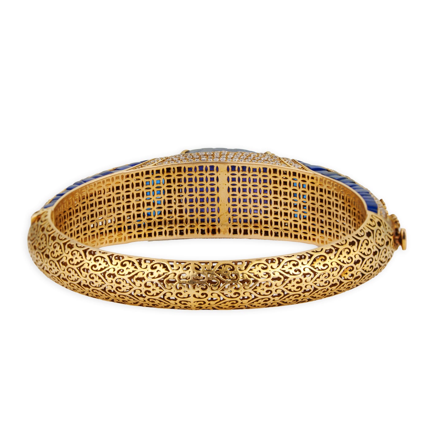 Diva Polki Kada – 14K Gold Curved Filigree Bracelet with Tanzanite & Diamond | Modern Vintage Party Jewellery
