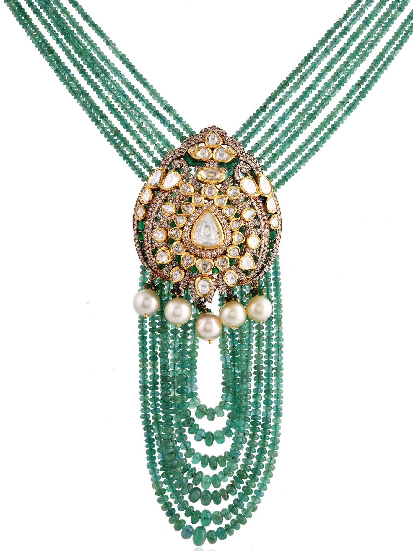 Green beaded necklace with a decorative clasp on a white background