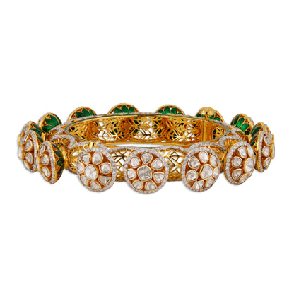 Gulnaar Polki Kada – 14K Gold Lotus Enamel Bangle | Modern Filigree Bridal Statement Jewellery