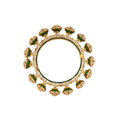 Gulnaar Polki Kada – 14K Gold Lotus Enamel Bangle | Modern Filigree Bridal Statement Jewellery