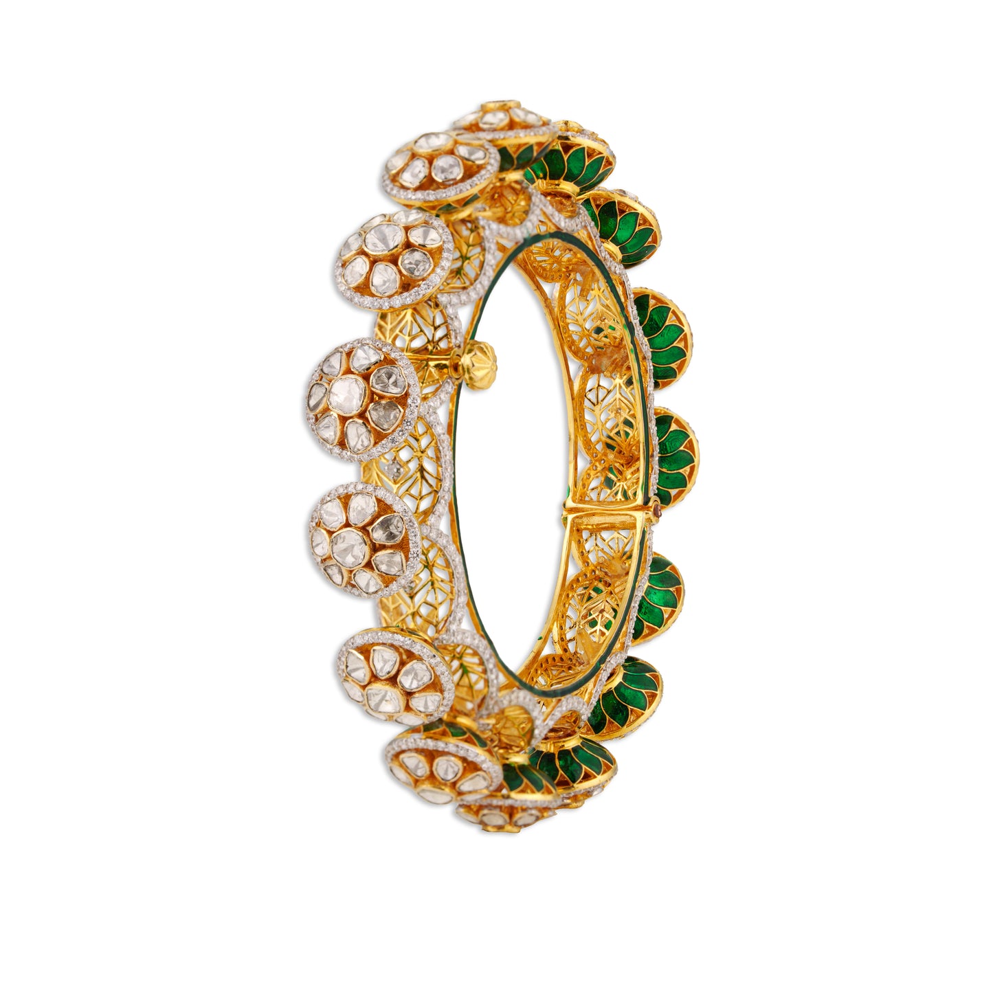 Gulnaar Polki Kada – 14K Gold Lotus Enamel Bangle | Modern Filigree Bridal Statement Jewellery