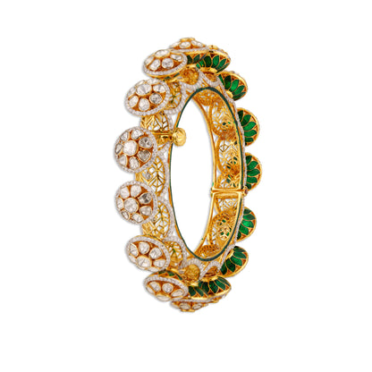 Gulnaar Polki Kada – 14K Gold Lotus Enamel Bangle | Modern Filigree Bridal Statement Jewellery
