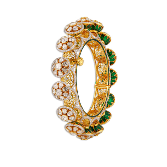 Gulnaar Polki Kada – 14K Gold Lotus Enamel Bangle | Modern Filigree Bridal Statement Jewellery