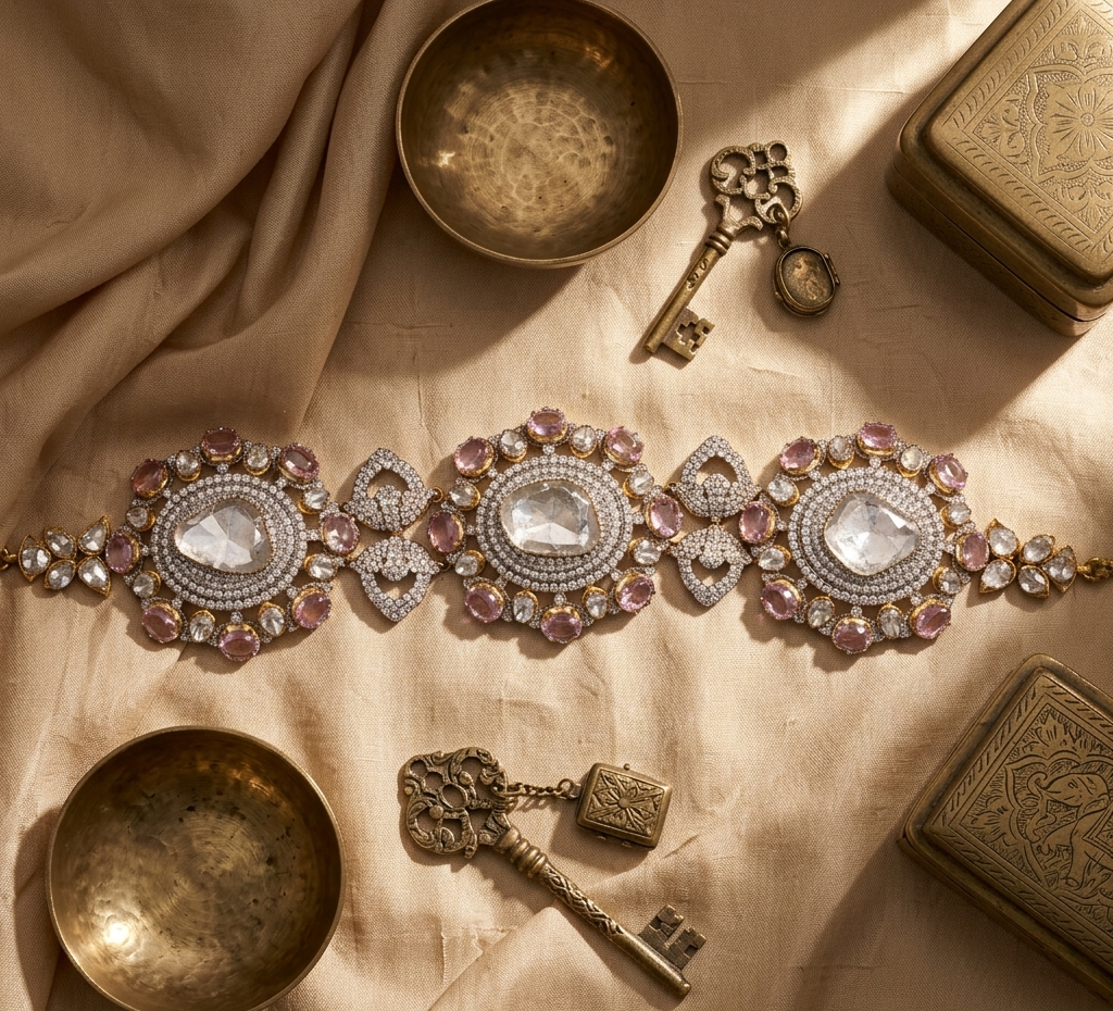 Kala Johare Rosette Polki Diamond Choker – Luxury Gold Bridal Necklace with Pink Tourmalines | Rajasthan Wedding Jewellery