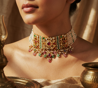 Royal Polki Pearl Choker Necklace with Emerald Beads – Luxury Gold Bridal Jewellery | Kala Johare Rajasthan