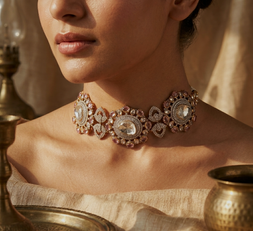 Kala Johare Rosette Polki Diamond Choker – Luxury Gold Bridal Necklace with Pink Tourmalines | Rajasthan Wedding Jewellery