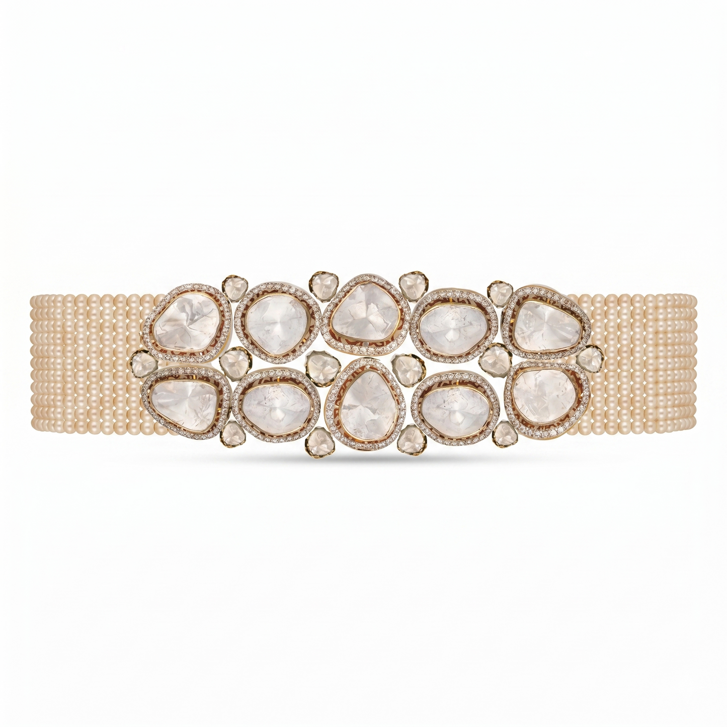 Chandralekha Grand Polki Diamond Pearl Choker Necklace | Natural Polki & Seed Pearl Bridal Choker in Rose Gold | Kala Johare