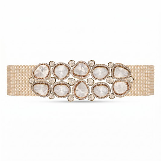 Chandralekha Grand Polki Diamond Pearl Choker Necklace | Natural Polki & Seed Pearl Bridal Choker in Rose Gold | Kala Johare