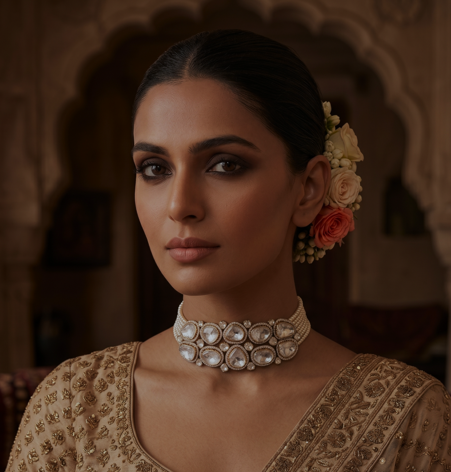 Chandralekha Grand Polki Diamond Pearl Choker Necklace | Natural Polki & Seed Pearl Bridal Choker in Rose Gold | Kala Johare