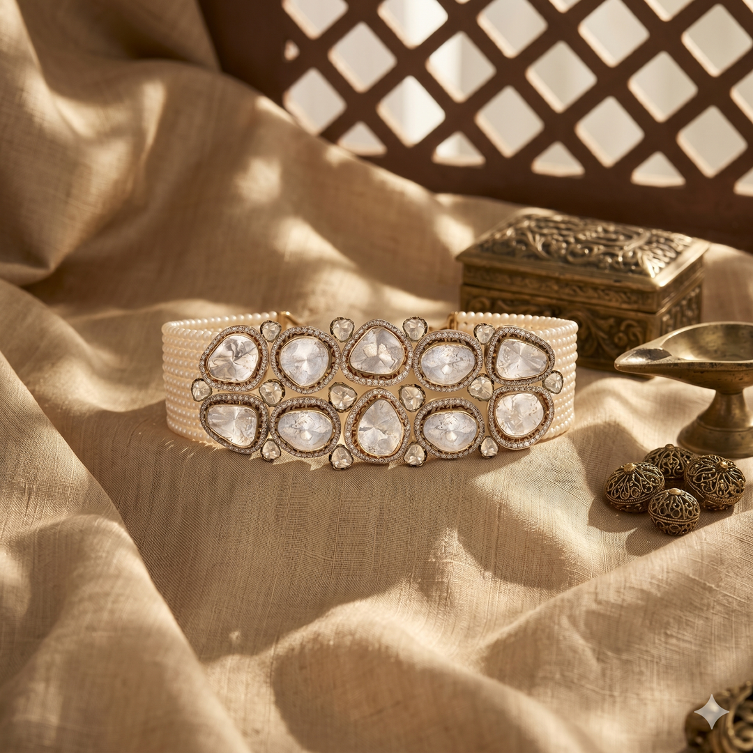 Chandralekha Grand Polki Diamond Pearl Choker Necklace | Natural Polki & Seed Pearl Bridal Choker in Rose Gold | Kala Johare