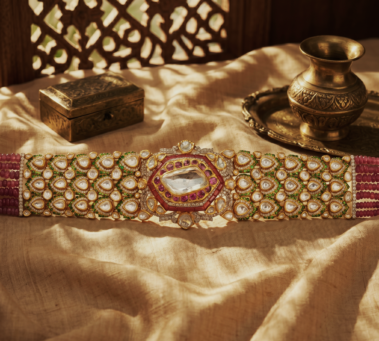 Luxury Gold Polki Choker with Uncut Diamonds & Ruby Beads – Royal Bridal Jewellery | Kala Johare Rajasthan