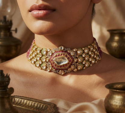 Luxury Gold Polki Choker with Uncut Diamonds & Ruby Beads – Royal Bridal Jewellery | Kala Johare Rajasthan