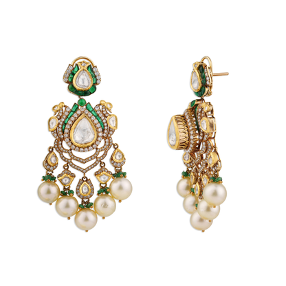 Mahika Mesh Emerald Polki Diamond Earrings – 14K Gold Bridal Jewellery | Jaipur Rajasthan Intricate Heritage Design