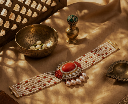 Royal Pearl Choker Necklace with Red Stone Pendant – Luxury Polki Bridal Jewellery | Kala Johare Rajasthan