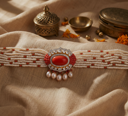 Royal Pearl Choker Necklace with Red Stone Pendant – Luxury Polki Bridal Jewellery | Kala Johare Rajasthan
