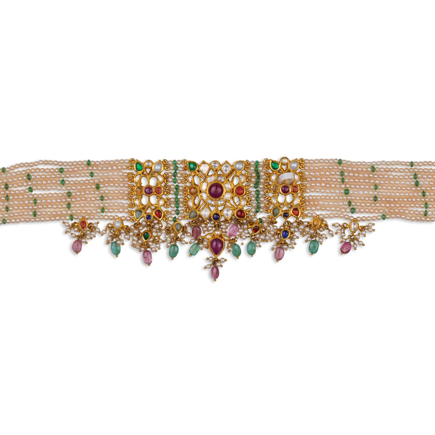 Royal Polki Pearl Choker Necklace with Emerald Beads – Luxury Gold Bridal Jewellery | Kala Johare Rajasthan