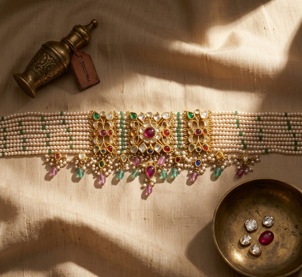 Royal Polki Pearl Choker Necklace with Emerald Beads – Luxury Gold Bridal Jewellery | Kala Johare Rajasthan